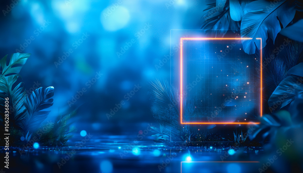 Poster this captivating image features a glowing neon frame surrounded by lush foliage in a dense atmospher