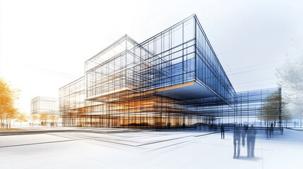 Contemporary architectural sketch with pencil and markers of a house facade, technical drawn background  a modern villa featuring a sleek glass facade, an expansive pool, and a contemporary interior 
