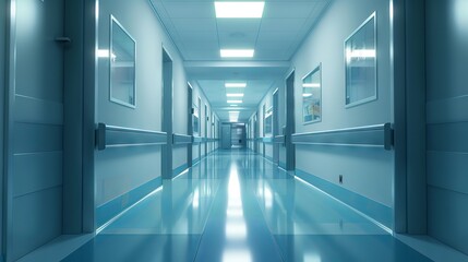 A sterile hospital hallway with bright lighting, conveying a sense of cleanliness and efficiency
