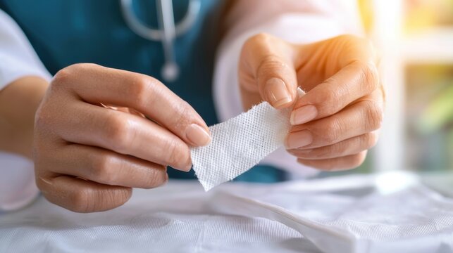 Nurse carefully changes postoperative dressing on incision site