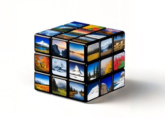 3D cube that shows different seasonal scenes of different famous landmarks in every square