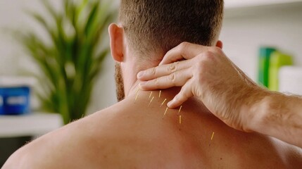 Naklejka premium Acupuncturist treats patient's neck pain with needles