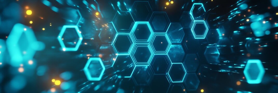 Illuminated Futuristic Hexagonal Patterns in Neon Blue Light, Digital Effects Technology