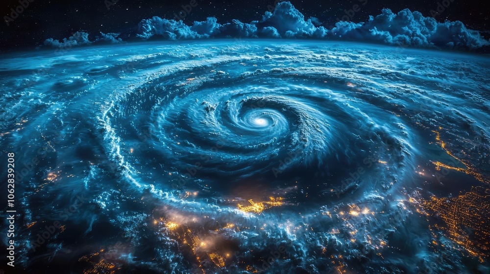 Poster aerial view of a swirling hurricane over earth, showcasing dynamic weather patterns.
