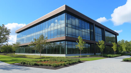 Modern architectural design blending real-life glass building with detailed blueprint, showcasing the transition from planning to completion with a dynamic contrast of cool blue tones  