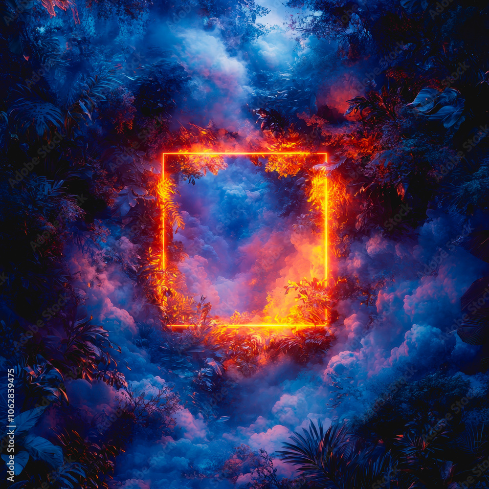 Aufkleber experience a vibrant neon square frame floating amidst a dense and colorful atmosphere, blending nat