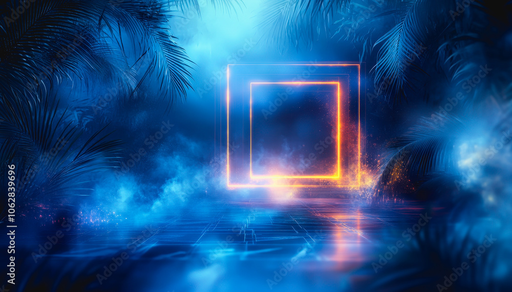 Aufkleber a captivating neon glowing square frame floats in a dense atmosphere, creating a vibrant and surreal