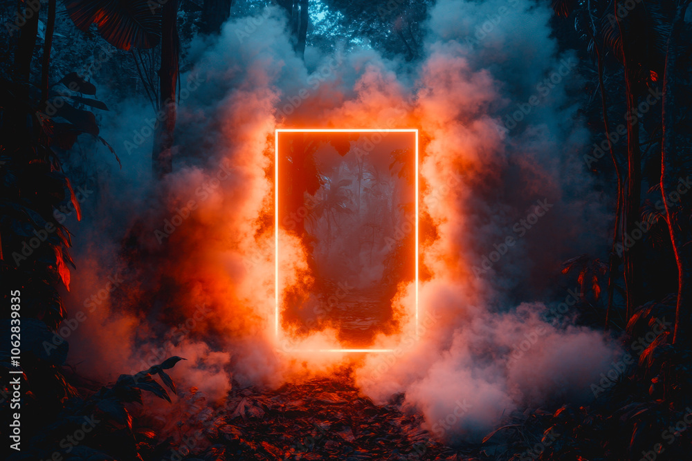 Aufkleber a vibrant glowing neon square frame emerges from a dense foggy atmosphere, creating a surreal and en