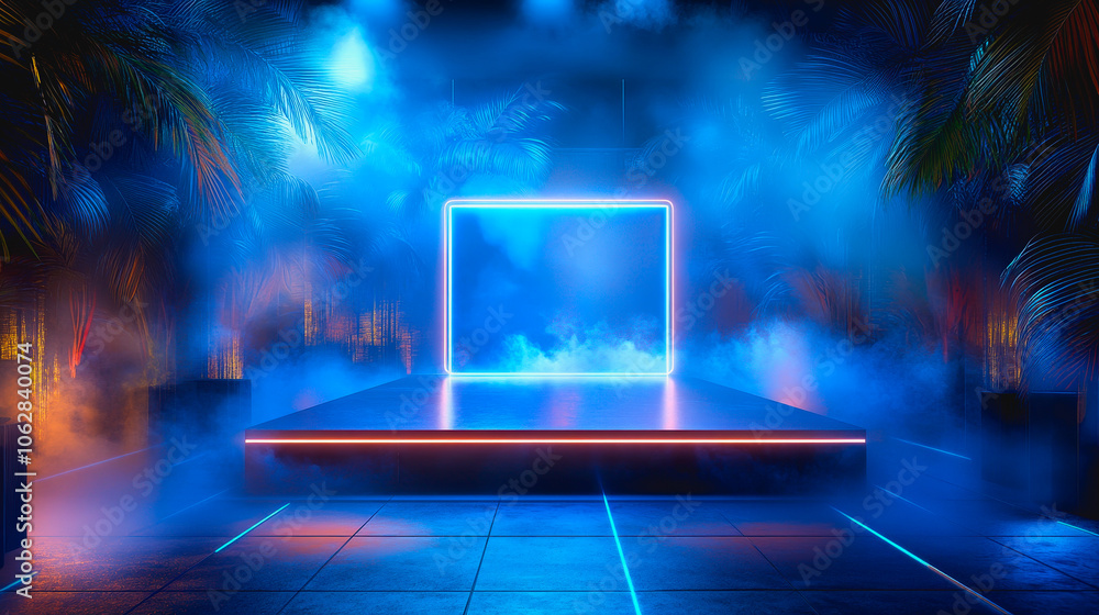 Poster a vibrant neon square frame floats in a glowing, misty atmosphere, creating a surreal and enchanting