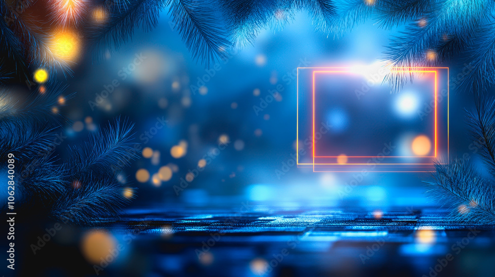 Poster a vibrant neon frame floats in a glowing atmosphere surrounded by soft bokeh lights. this abstract d