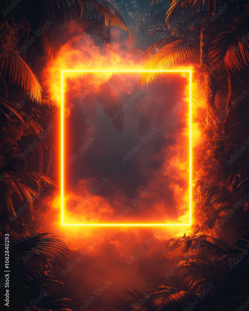 Aufkleber a mesmerizing glowing neon frame floats in a dense atmosphere, surrounded by vibrant foliage, creati
