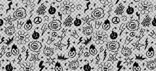 Grunge rock seamless pattern with doodle elements. Wax pencil drawing face with tongue out, cartoon thunderbolt like children pen drawing and other rock n roll style black color vector elements