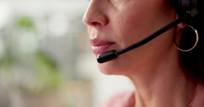 Customer service, woman or mouth with microphone in call center for consulting, help or advice in closeup. Face, CRM consultant or agent talking on headset for telemarketing or sales communication