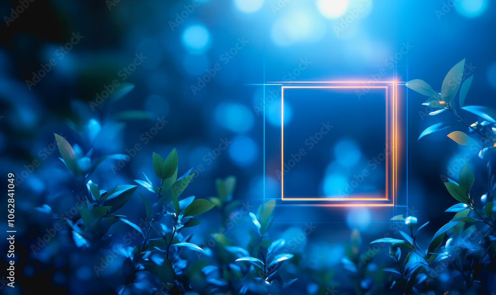 Poster a captivating pastel neon scene featuring a glowing square frame surrounded by lush greenery, creati