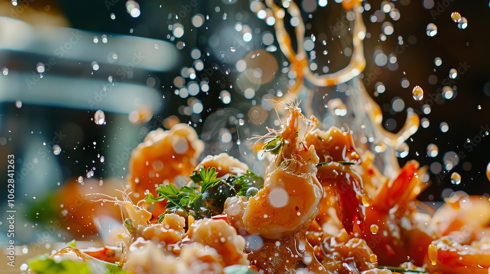 Poster close-up shot capturing the moment sauce splatters over food items, creating a dynamic movement
