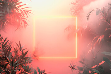This stunning neon pastel scene features a glowing square frame surrounded by lush foliage and soft mist, creating an ethereal and tranquil atmosphere. Perfect for modern visuals.