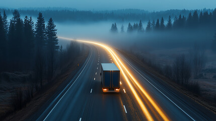 Fototapeta premium Nighttime truck journey through dense fog headlights casting long beams through misty road forested surroundings soft blue shadows and golden highlights eerie and cinematic scene