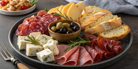A Black Plate With An Array Of Appetizers, Including Salami, Cheese, Ham, Olives, And Bread