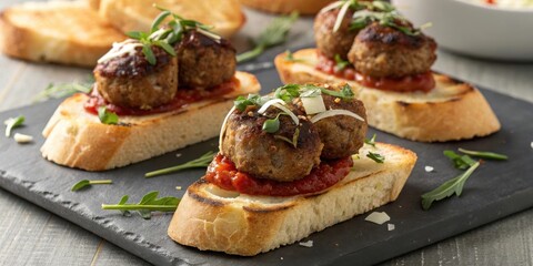 Deliciously Savory Meatballs on Toasted Bread with a Touch of Marinara and Fresh Greens