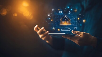 Businessman holding a tablet with smart home and technology icons