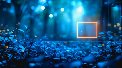 Obraz premium A serene neon scene featuring a glowing square frame amidst a vivid pastel forest. Perfect for digital art, backgrounds, and creative projects.
