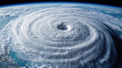 Aerial view of a powerful hurricane swirling over the ocean.