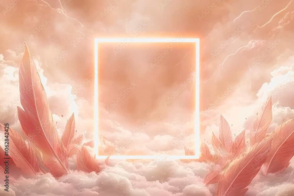 Poster this captivating pastel neon scene features a glowing square frame surrounded by dreamy clouds and d
