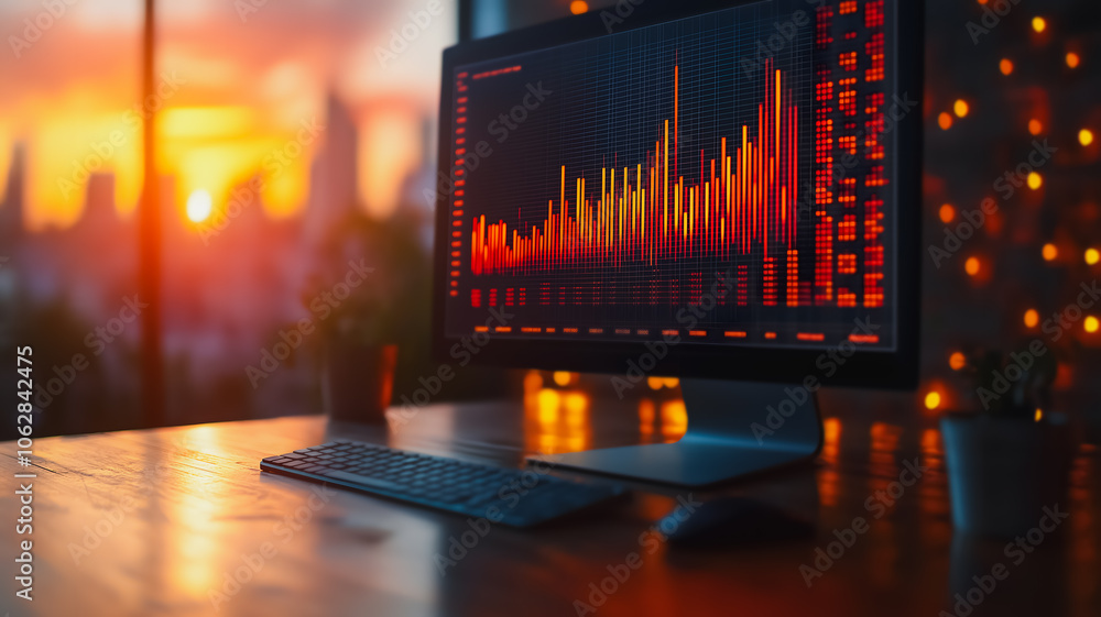 Poster a computer monitor with a red line on it and a sunset in the background. scene is tense and serious