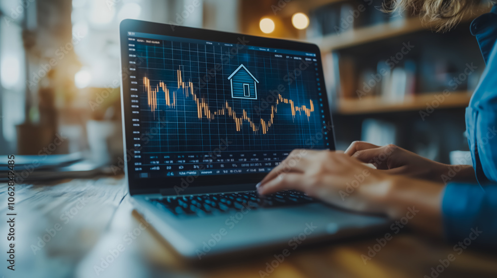 Poster a woman is typing on a laptop with a graph on the screen. the graph shows a house and the numbers ar