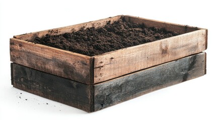 Wooden box filled with dark soil, isolated on white background, for gardening and planting, rustic and clean look