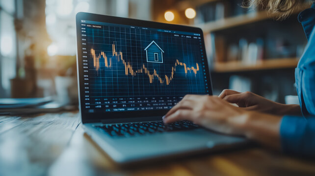 A woman is typing on a laptop with a graph on the screen. The graph shows a house and the numbers are changing