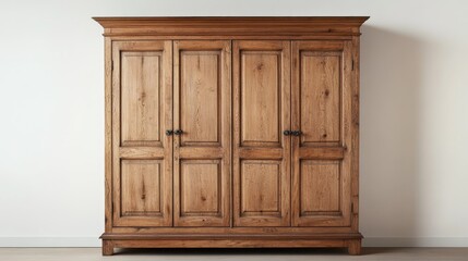 Wooden wardrobe resting on a plain white background, ideal for stock photos related to home furniture or interior design.