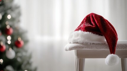 Santa cap draped over a small table on a white background, side view.