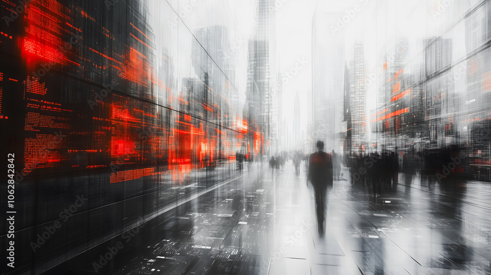Poster a blurry image of a city street with a man walking in the rain. the image has a moody and abstract f
