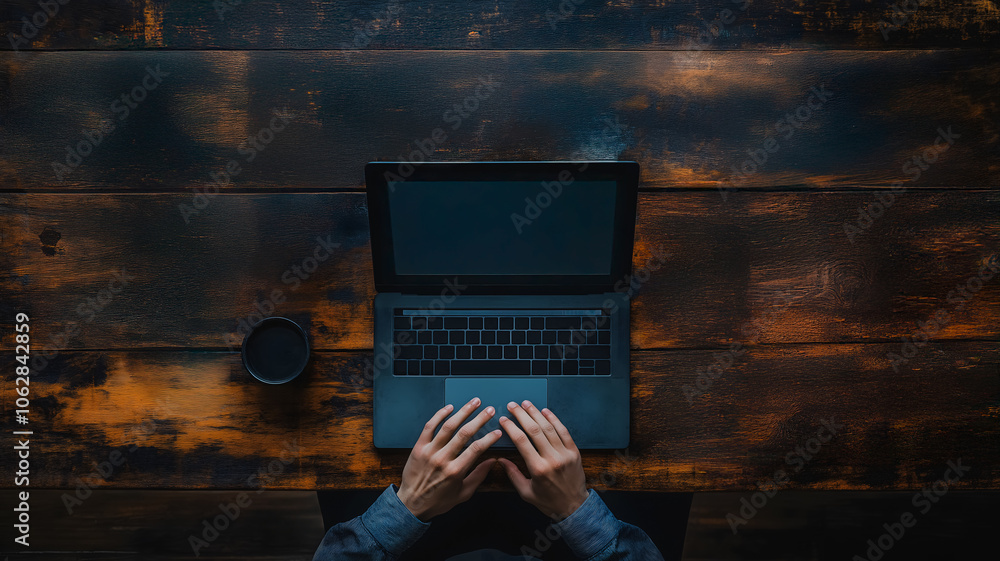 Poster a person is typing on a laptop computer with a cup of coffee next to them. concept of productivity a
