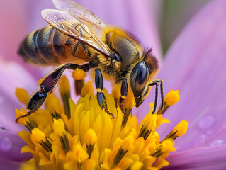 Bee with black and yellow stripes and wings, hovering near pink and white flower.
