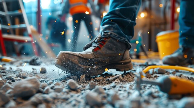 Worker Slipping on Uneven Ground at Construction Site