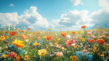 Vibrant wildflower meadow under a bright blue sky with clouds.