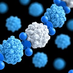 3D illustration of a chain of blue and white virus cells connected by blue molecules on a black background.