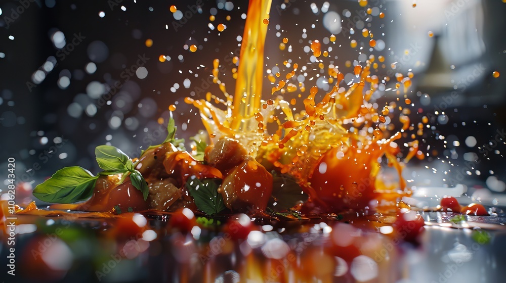 Poster dynamic capture of sauce being poured over food, creating a splattering effect