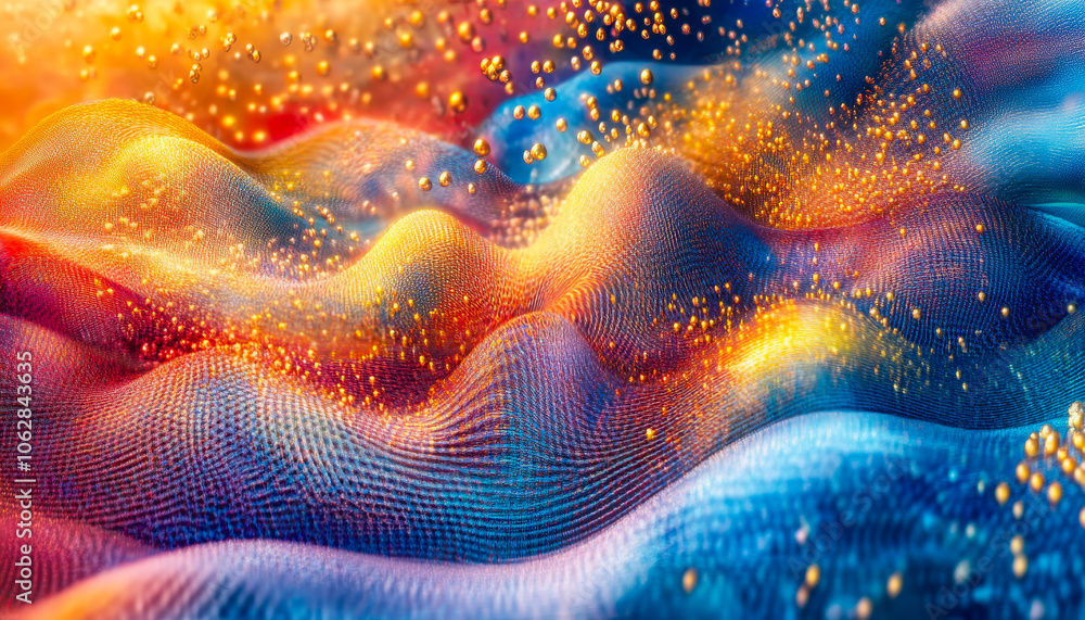 Poster a mesmerizing abstract scene featuring colorful waves and shimmering particles. this vibrant digital