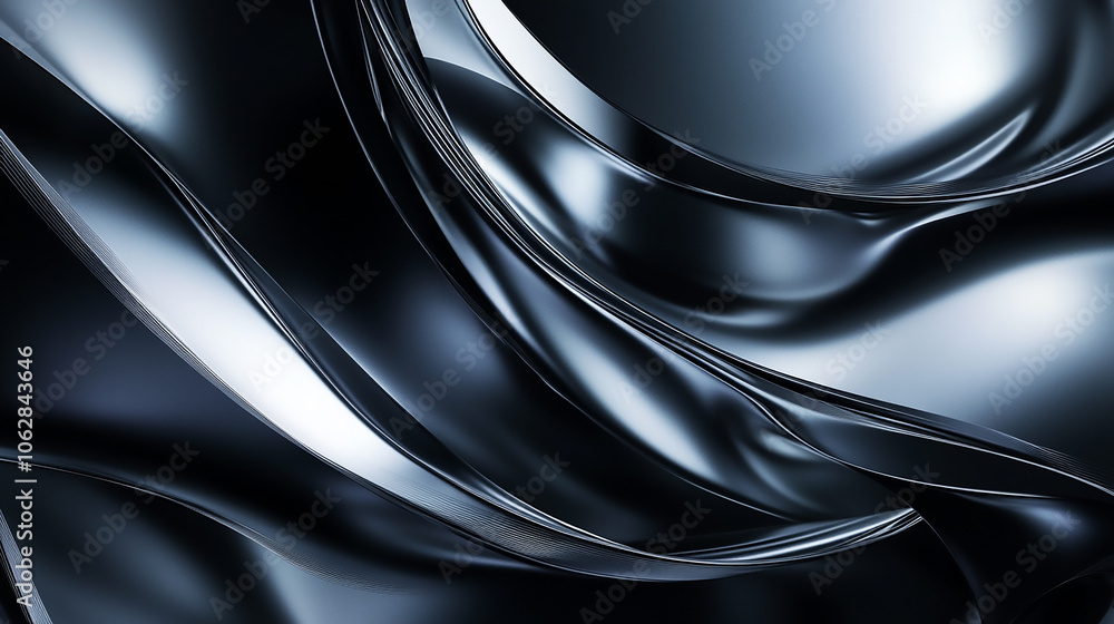 Poster metallic abstract wavy the form of liquid shiny metal. glossy chrome texture. 3d rendering