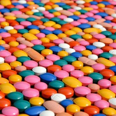 Obraz premium Colorful pills arranged in rows on a flat surface.