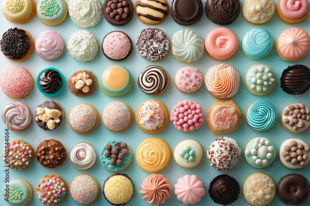 Poster a stunning overhead view of a large assortment of colorful confectionery treats, showcasing an array