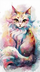 A stunning watercolor painting of a cat with expressive eyes and a flowing tail. 