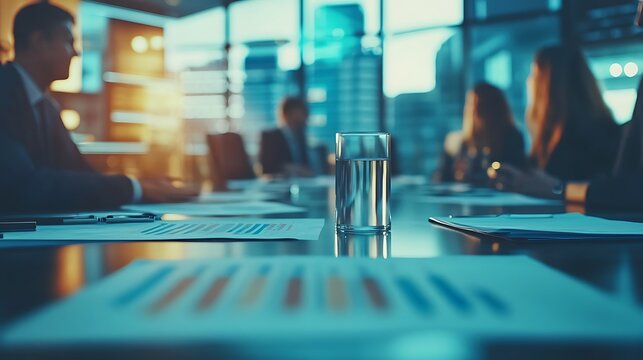 Glass of Water on a Conference Table with Blurred Business People - Photo