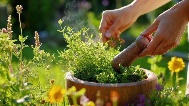 Herbalist grinds fresh herbs for tincture preparation