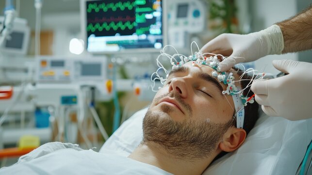 Patient undergoes eeg test for monitoring brain activity