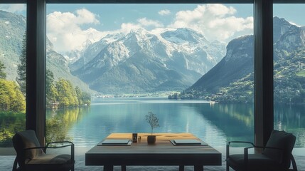 A window view of a lake and mountains. This photo is perfect for projects that need a relaxing and natural theme.