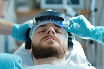 Patient undergoing transcranial magnetic stimulation therapy wearing headset